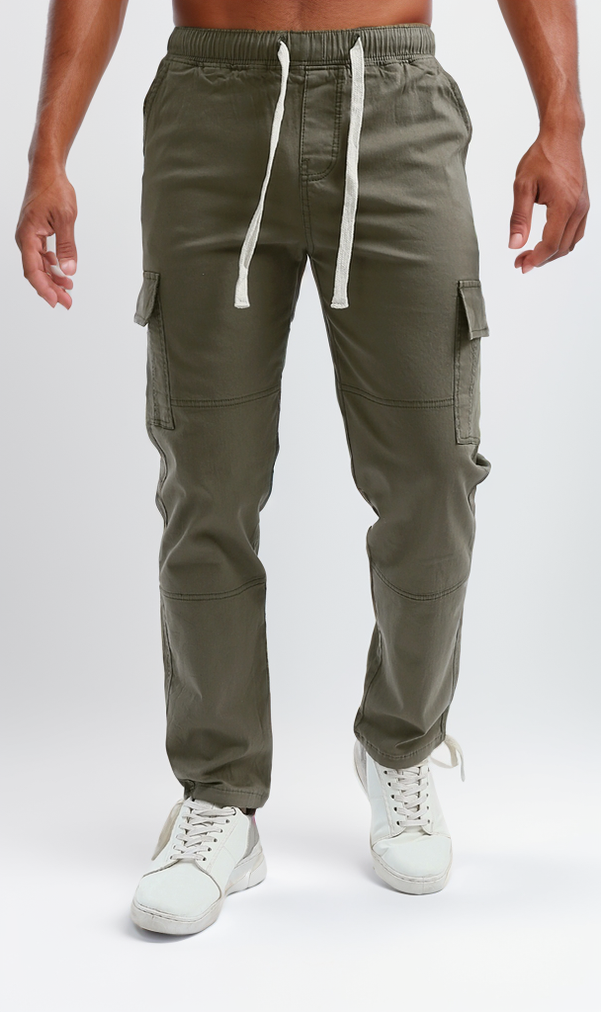 O192462 Olive Slip On Solid Cargo Pants With Hem