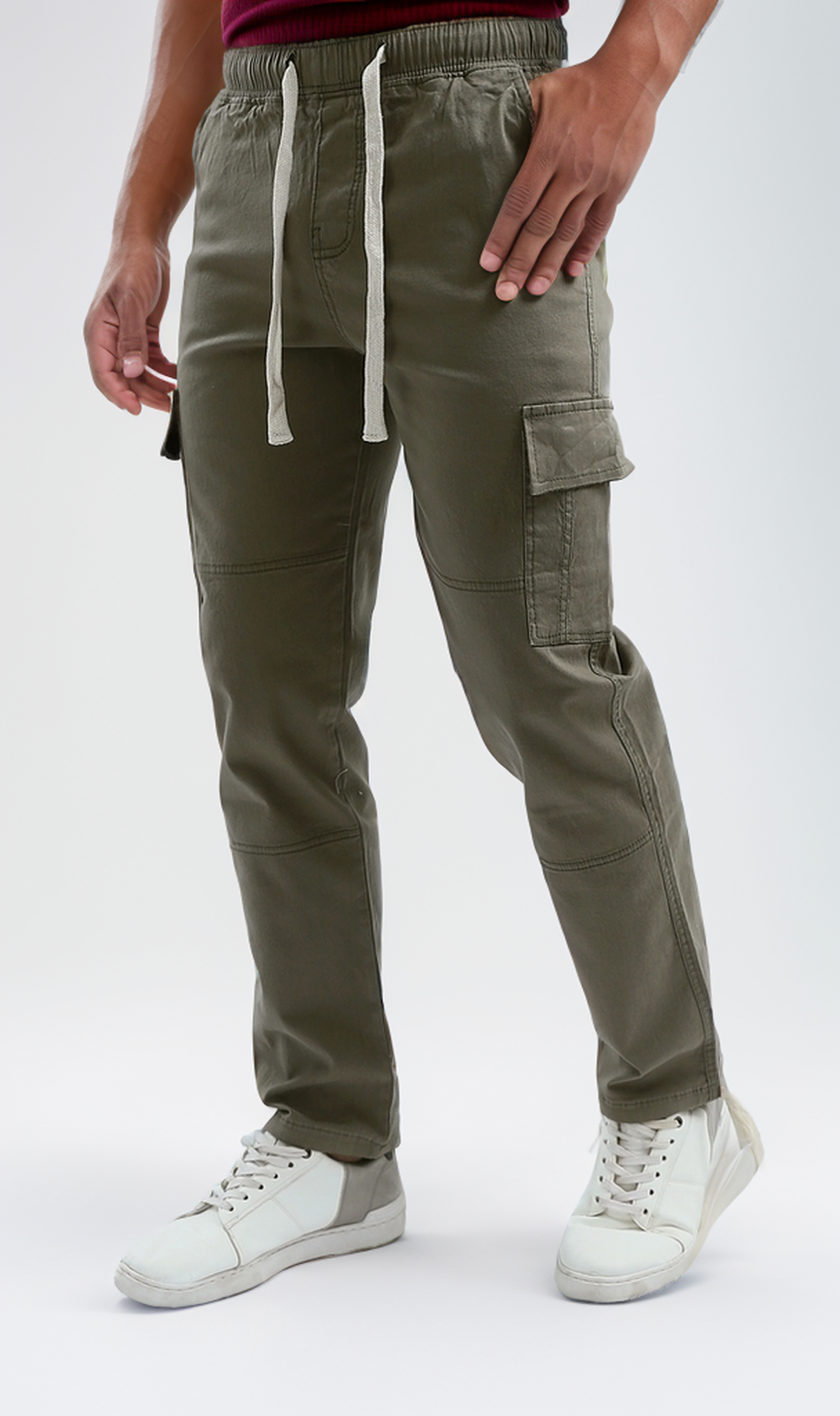 O192462 Olive Slip On Solid Cargo Pants With Hem