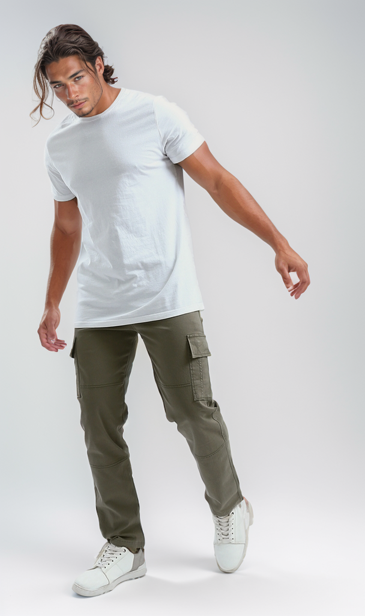 O192462 Olive Slip On Solid Cargo Pants With Hem