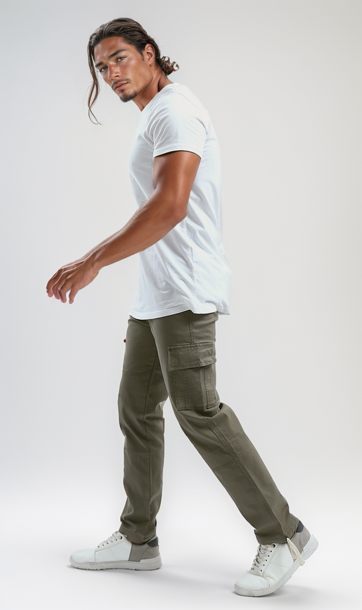 O192462 Olive Slip On Solid Cargo Pants With Hem