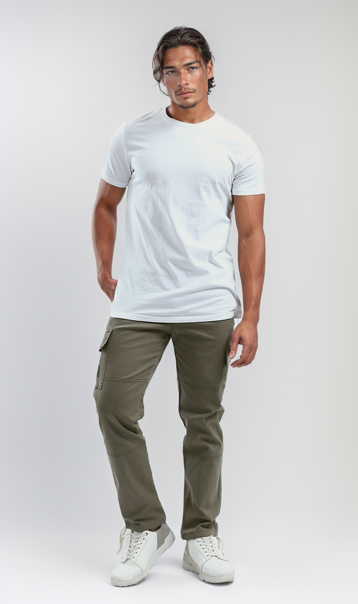 O192462 Olive Slip On Solid Cargo Pants With Hem