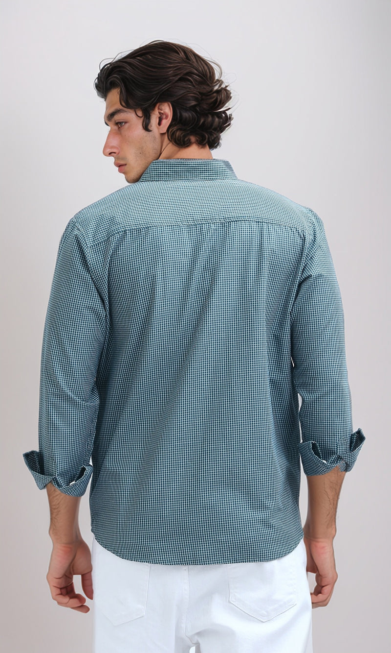 قميص منقوش بأكمام طويلة أخضر وأبيض