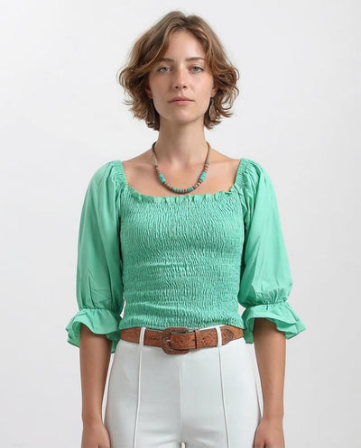 Ravin Women’s Smocked Puff-Sleeve Blouse in Mint Green - O192515