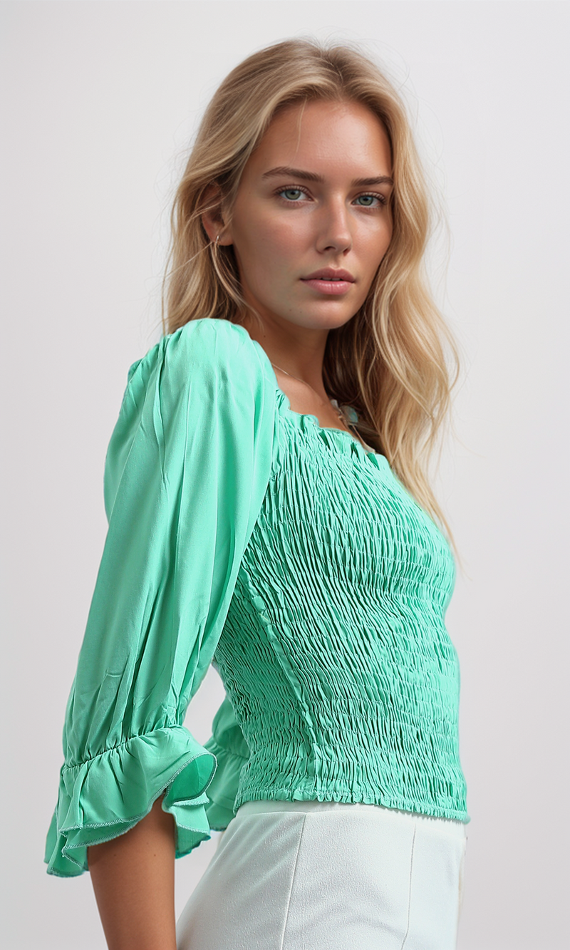 O192515 Long Sleeve Tunic Solid Color Blouse - Light Green