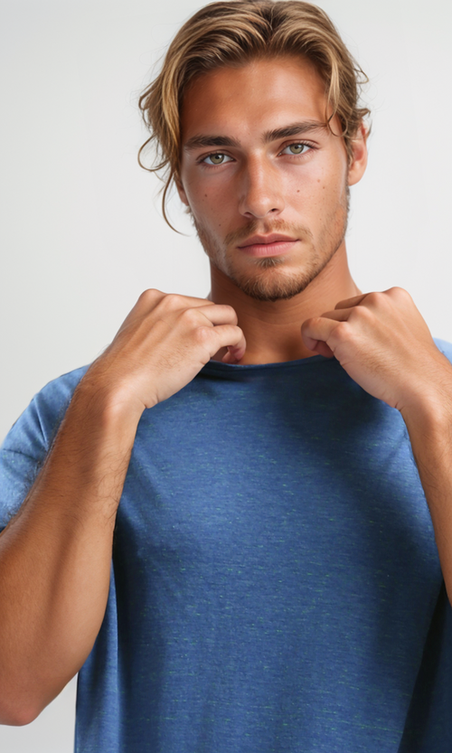 تي شيرت صيفي هيذر أزرق بأكمام للكوع