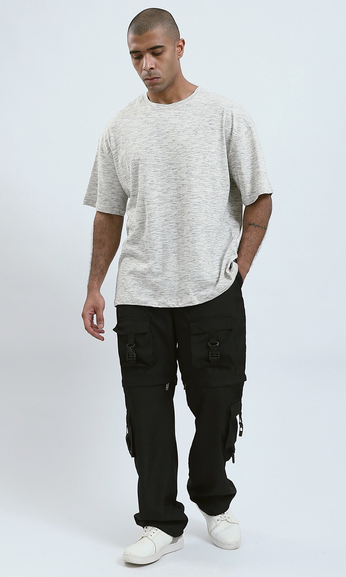 O192548 - Heather Off-White Relaxed Fit Tee with Elbow-Sleeves