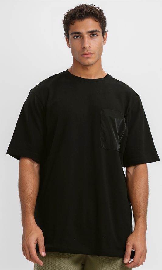 O192555 Solid Black Loose Tee With Front Pocket