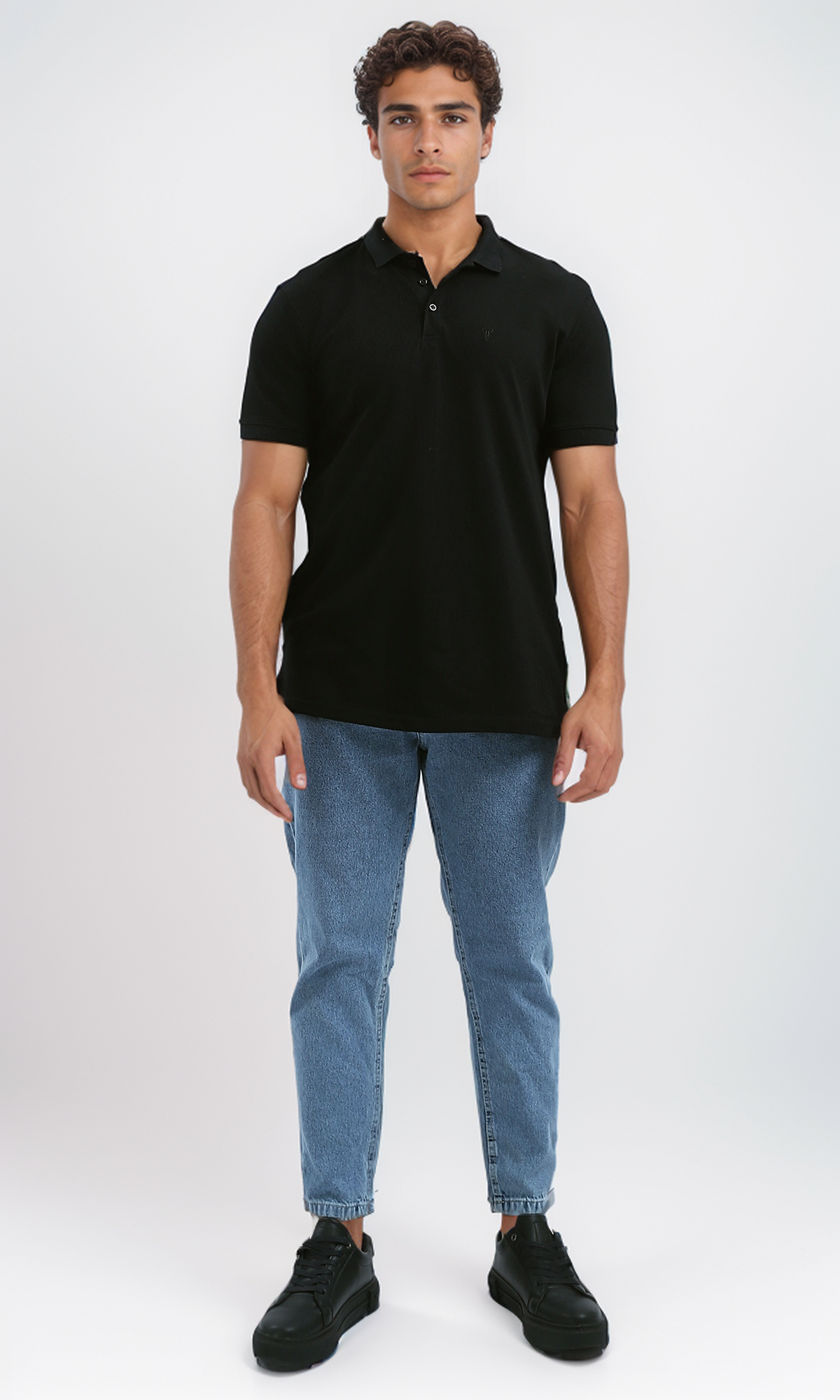 O192570 Regular Fit Black Solid Buttoned Polo Shirt