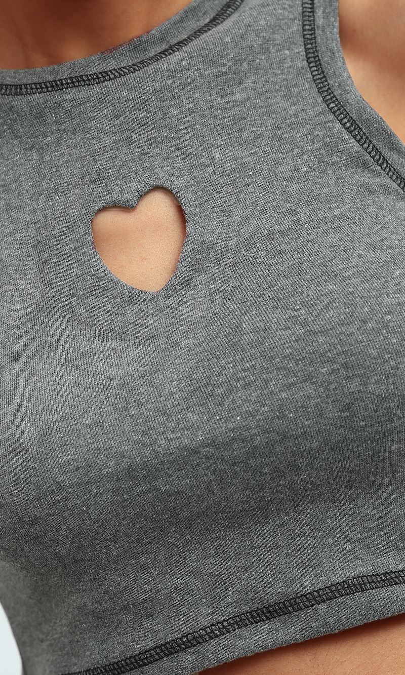 O192709 Heather Dark Grey Tank Top With Ribbed Heart