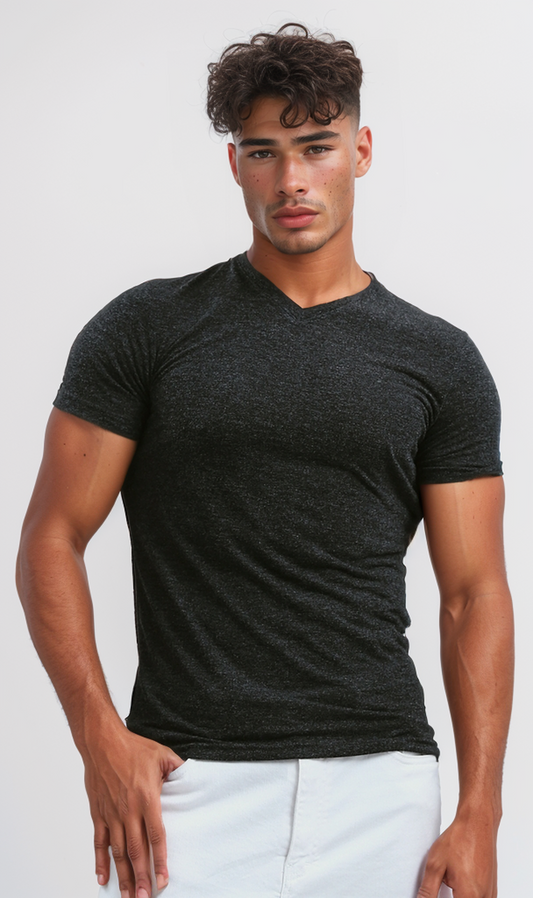 O192719 Slip On Casual Heather Black Tee With V Neck