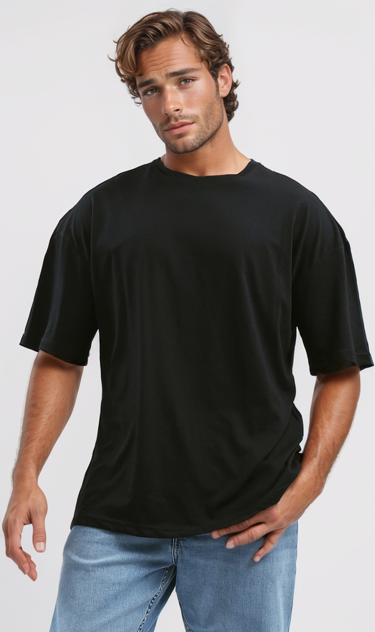 O192726 Slip On Cotton Tee With Elbow Sleeves - Black