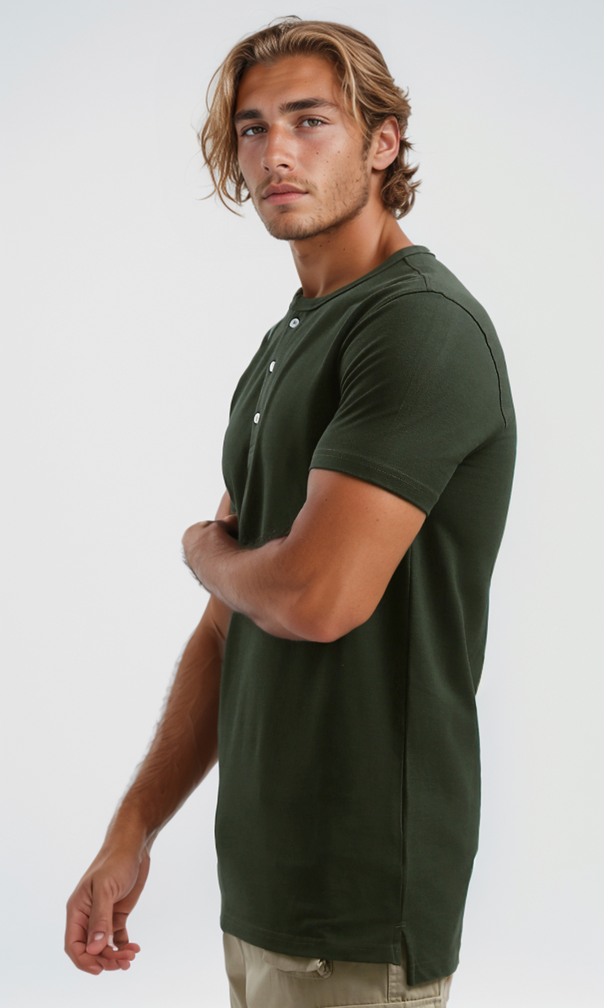 O192768 Cotton Olive Buttoned Summer Henley Shirt