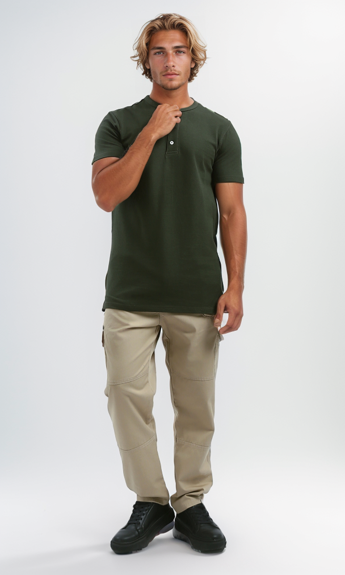 O192768 Cotton Olive Buttoned Summer Henley Shirt