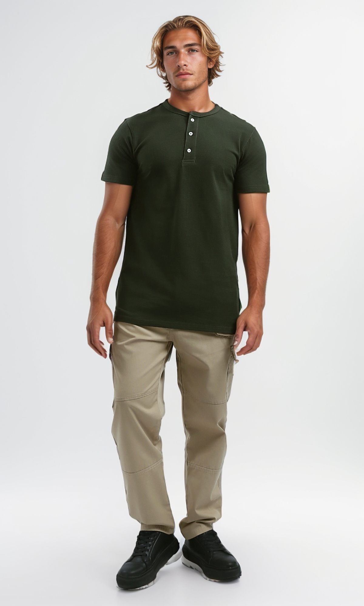 O192768 Cotton Olive Buttoned Summer Henley Shirt