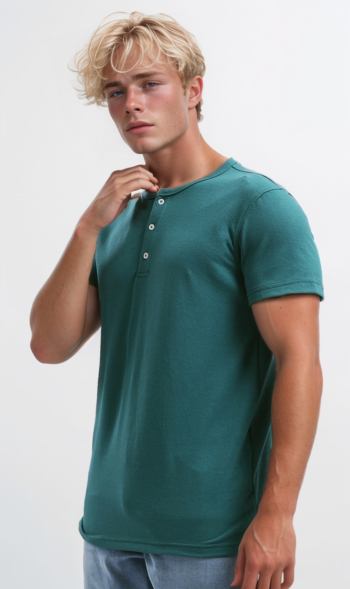 O192770 Buttoned Round Neck Henley Shirt -Mintgreen