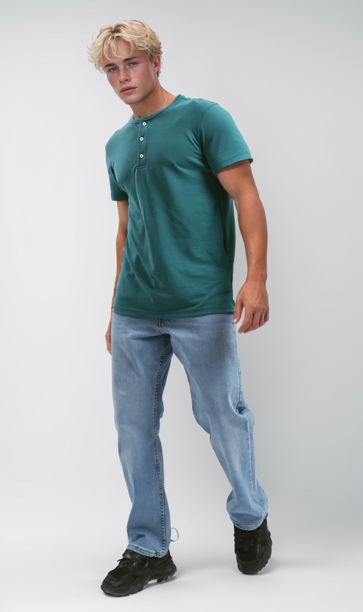 O192770 Buttoned Round Neck Henley Shirt -Mintgreen