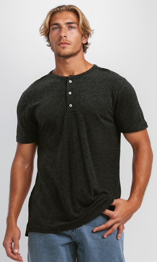 O192771 Heather Black Summer Cotton Henley Shirt