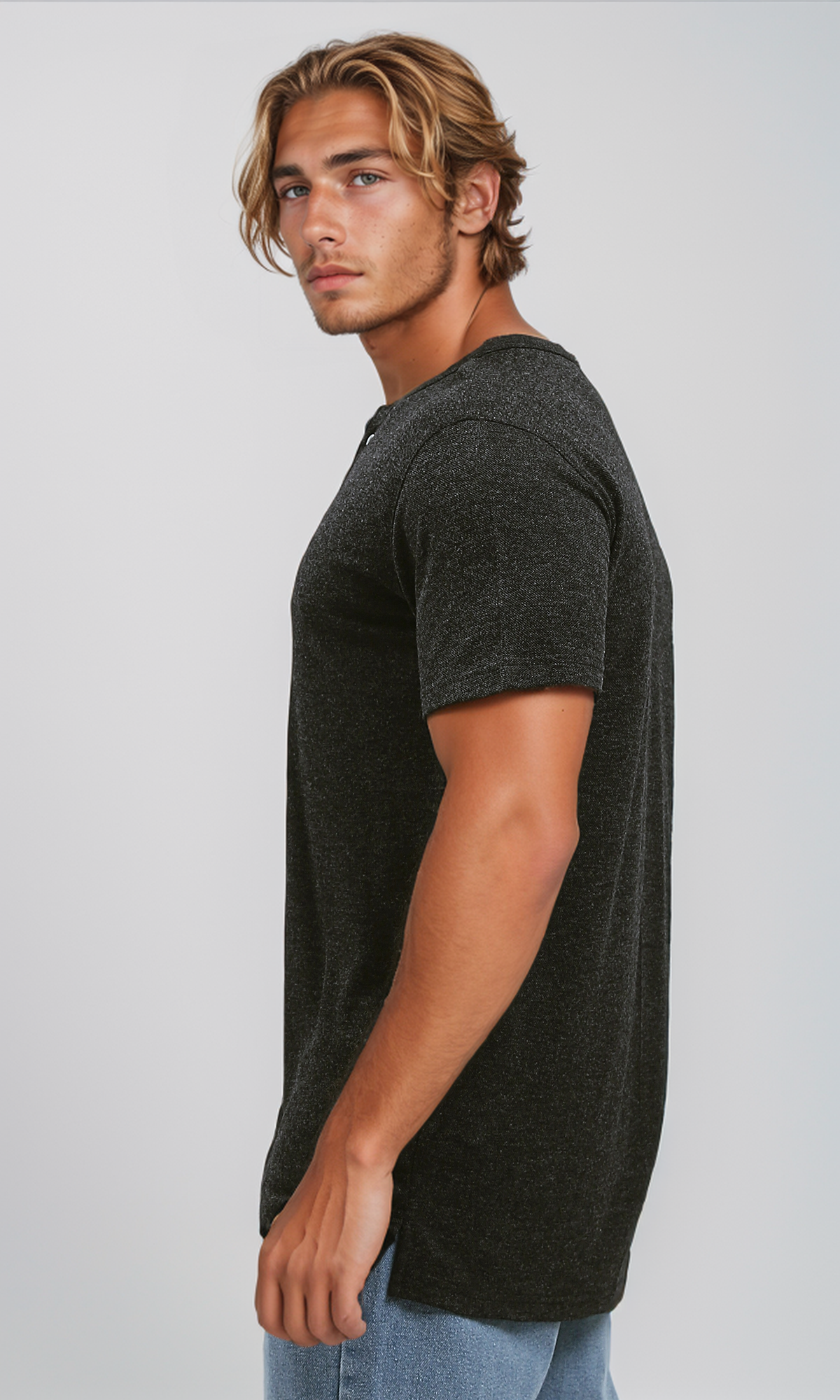 O192771 Heather Black Summer Cotton Henley Shirt