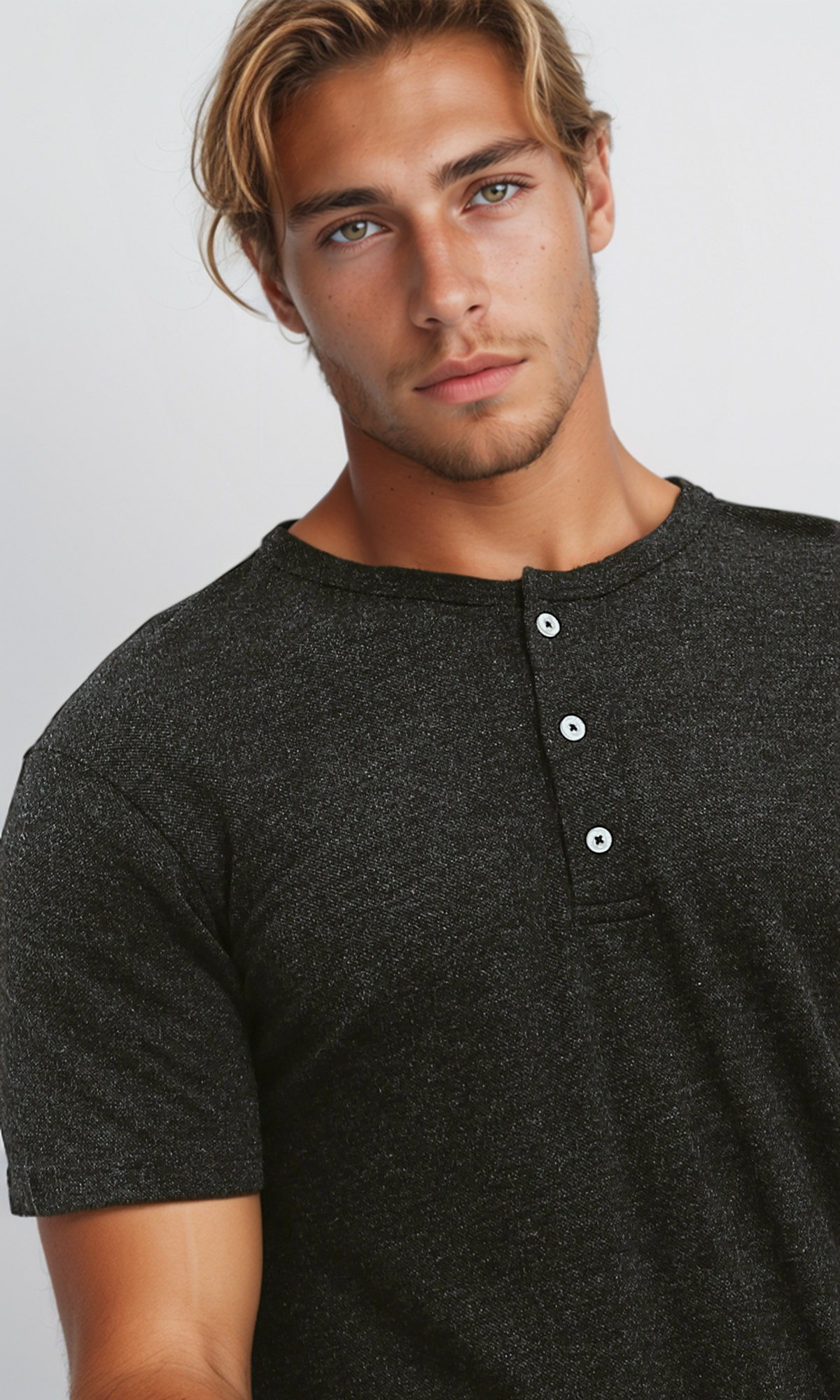 O192771 Heather Black Summer Cotton Henley Shirt