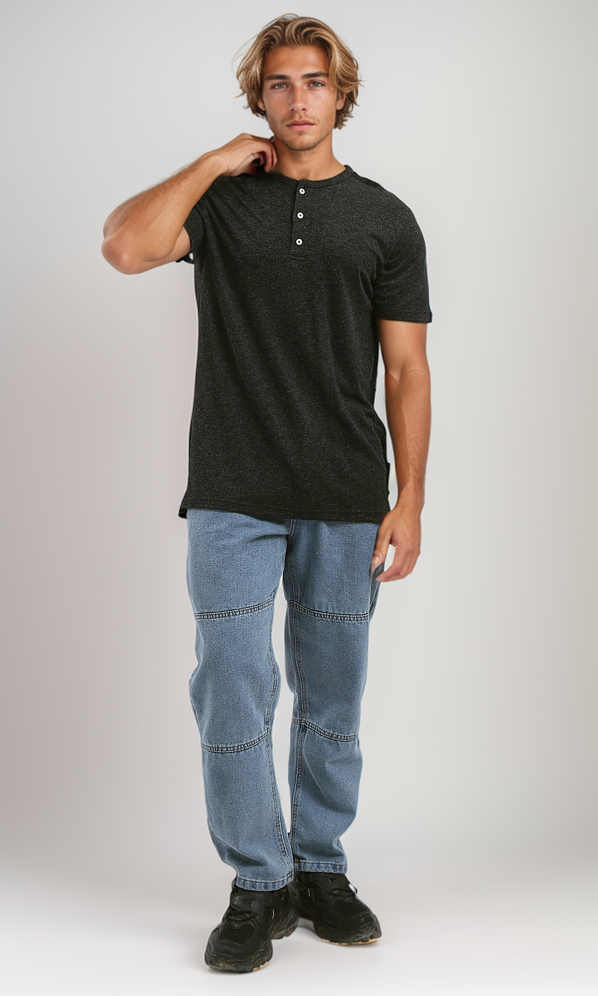 O192771 Heather Black Summer Cotton Henley Shirt