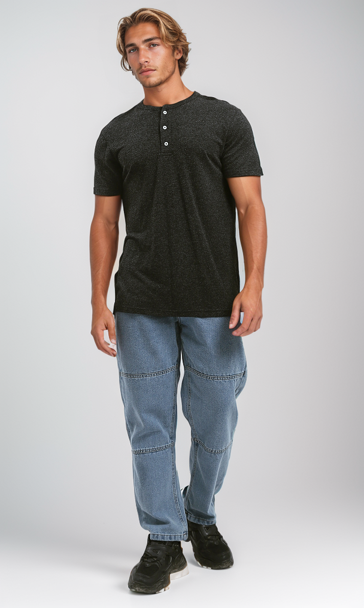 O192771 Heather Black Summer Cotton Henley Shirt