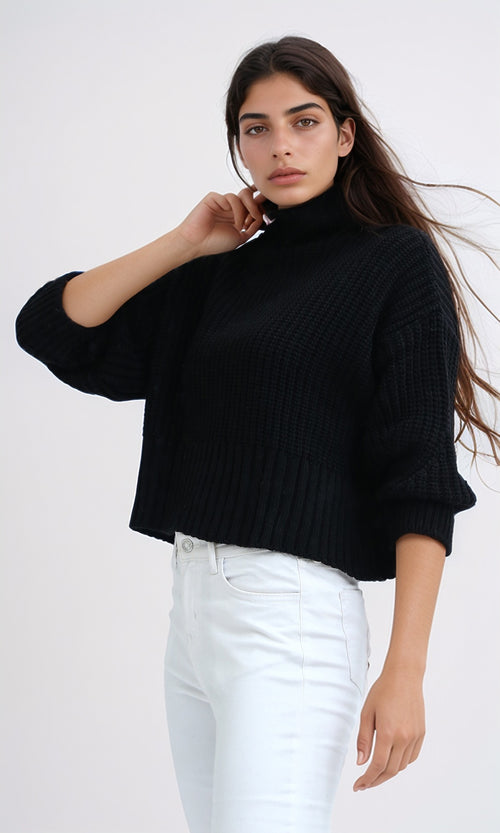 O192826 - Long Sleeves Knitted Mock Neck Pullover - Black