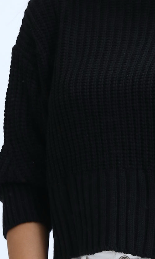 O192826 - Long Sleeves Knitted Mock Neck Pullover - Black