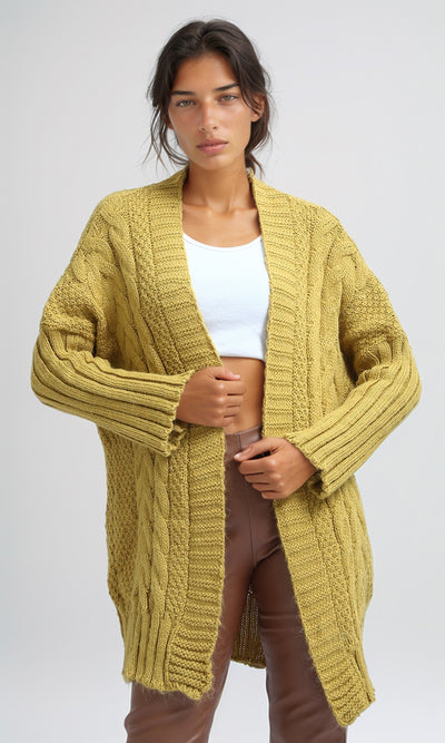 O192842 - Knitted Open Neckline Winter Cardigan - Mustard