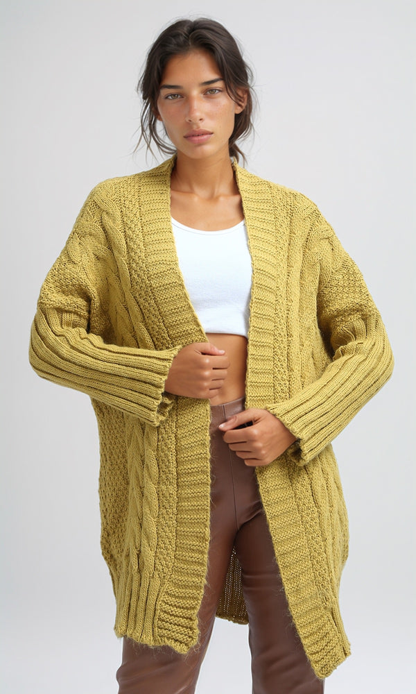 O192842 - Knitted Open Neckline Winter Cardigan - Mustard
