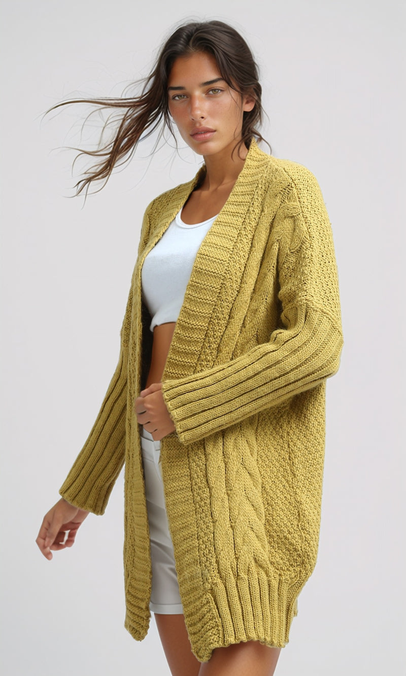 O192842 - Knitted Open Neckline Winter Cardigan - Mustard