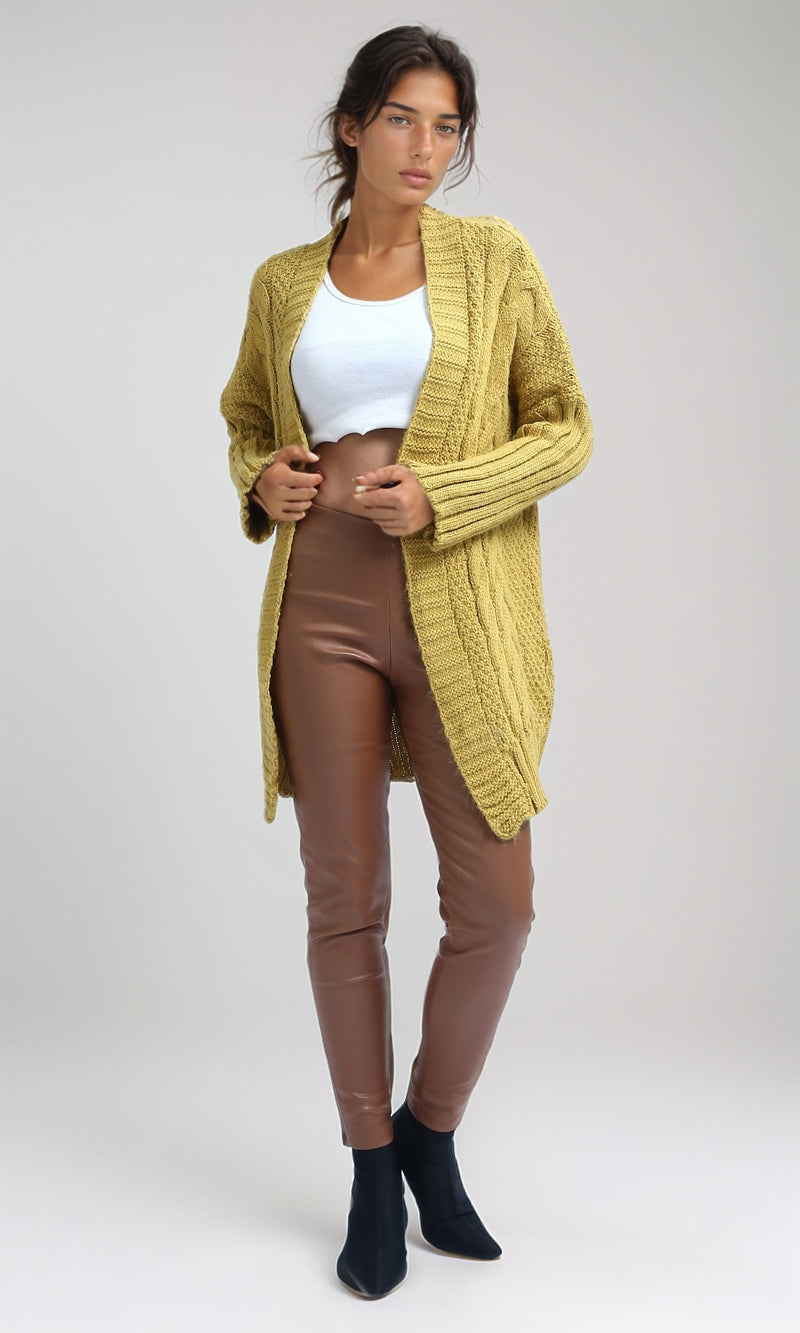 O192842 - Knitted Open Neckline Winter Cardigan - Mustard