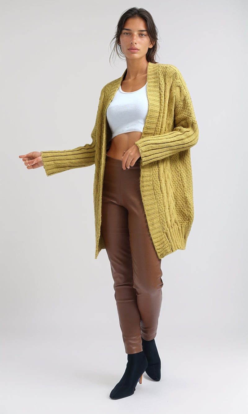 O192842 - Knitted Open Neckline Winter Cardigan - Mustard