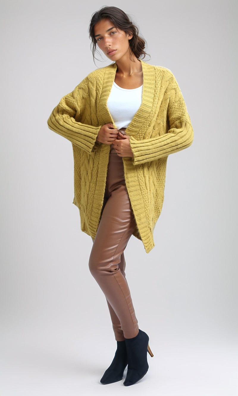 O192842 - Knitted Open Neckline Winter Cardigan - Mustard