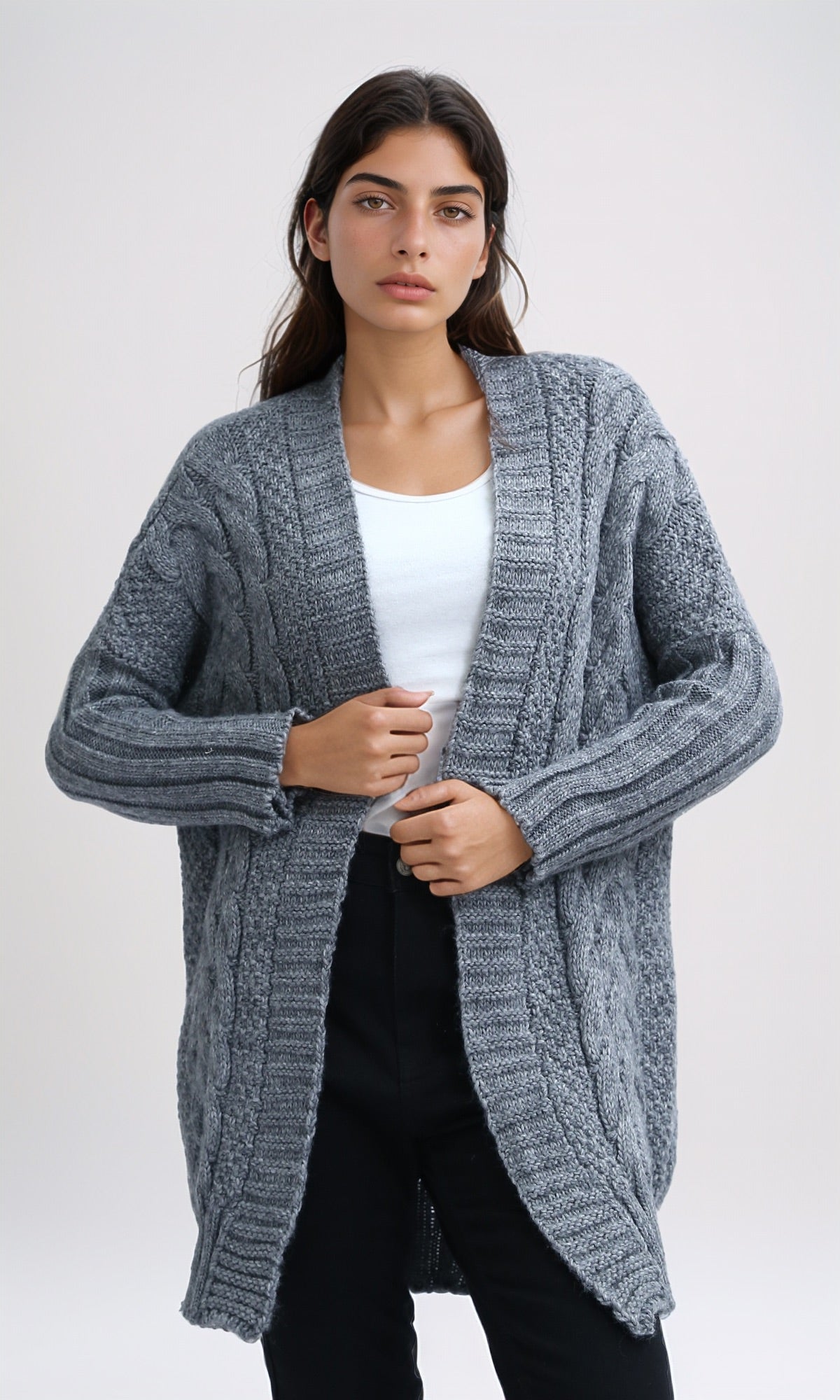 Heather Grey Oversized Long Jacquard Cardigan - O192843
