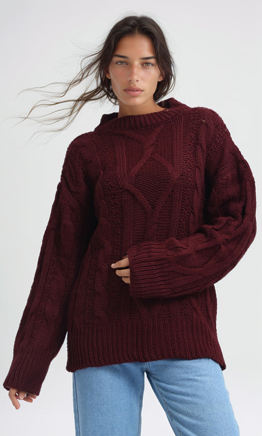 O192849 Dropped Shoulder Oversized Knitted Pullover - Burgundy