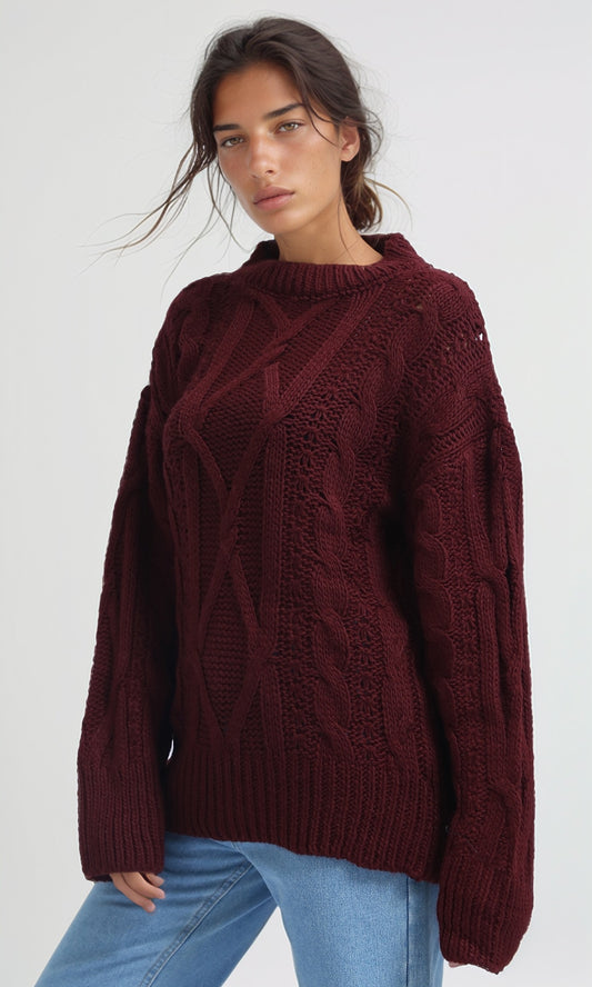 O192849 Dropped Shoulder Oversized Knitted Pullover - Burgundy