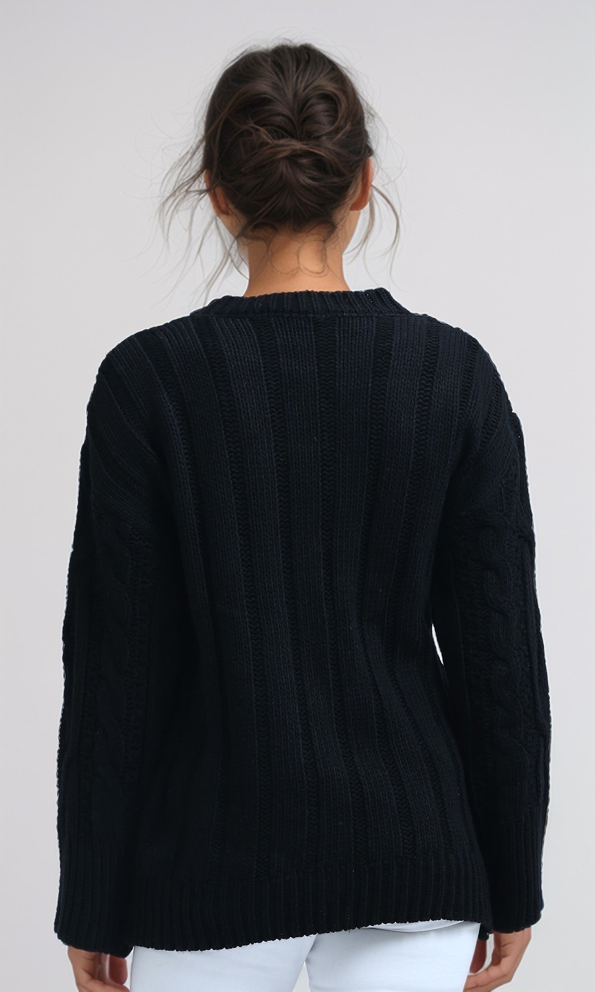Navy Oversized Cable-Knit Crew Neck Sweater - O192850