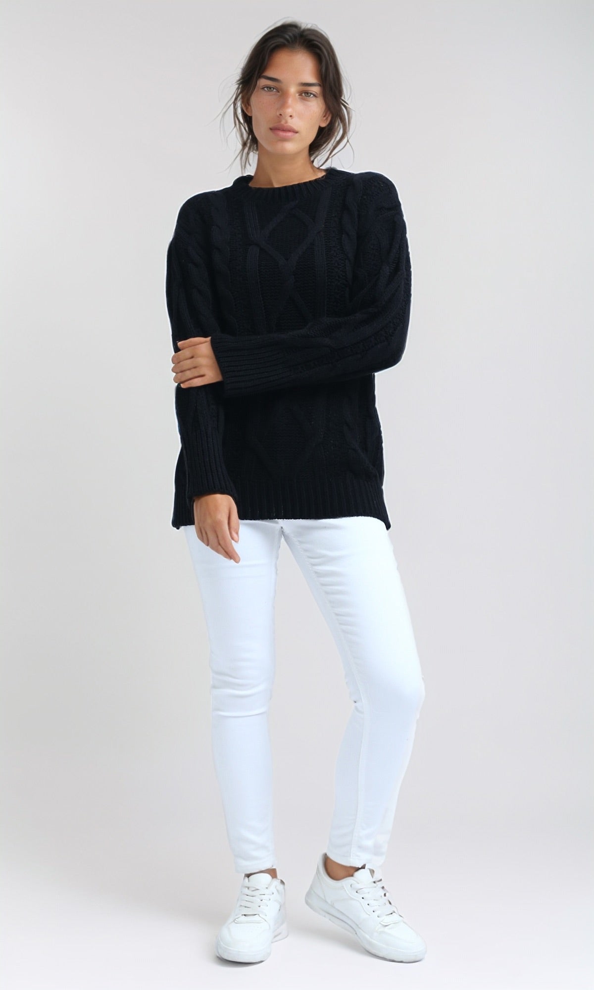 Navy Oversized Cable-Knit Crew Neck Sweater - O192850