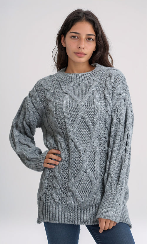 O192852 - Curl Stitch Loose Pullover - Dark Grey