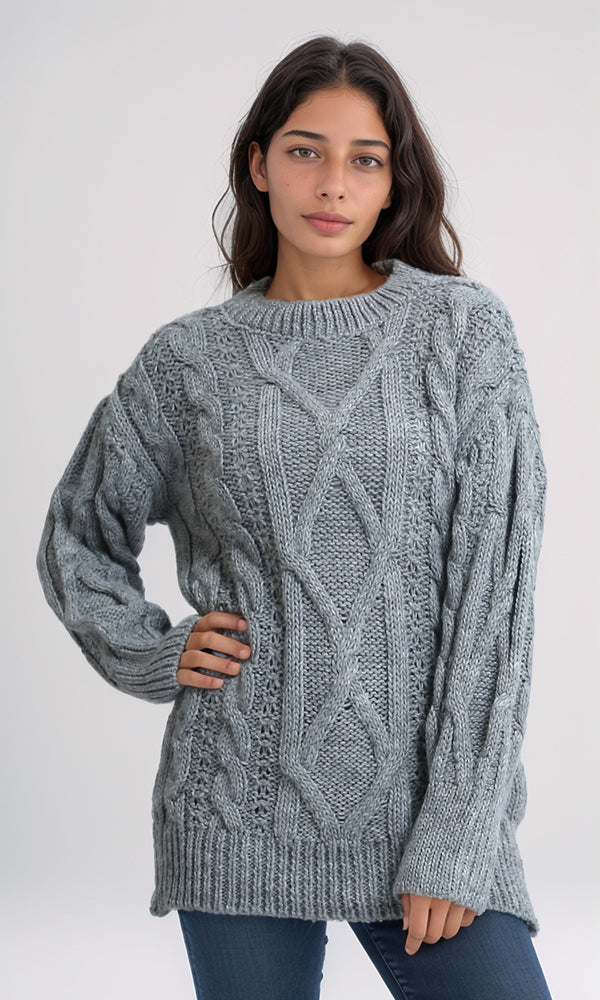 O192852 - Curl Stitch Loose Pullover - Dark Grey