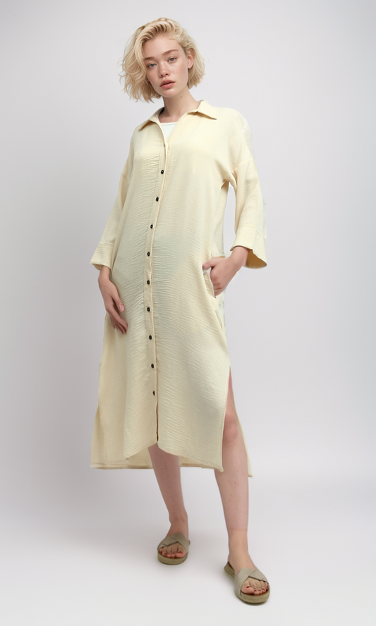 O193264 Long Sleeves Buttoned Biege Shirt Dress With Side Slit