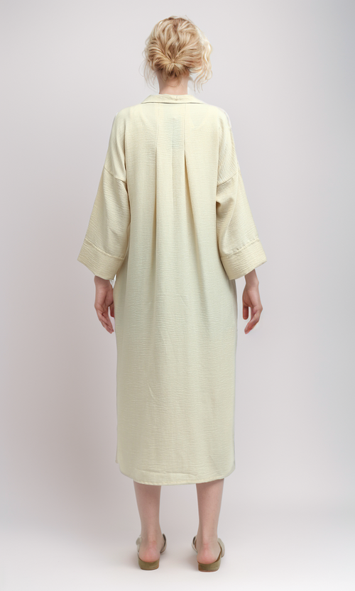 O193264 Long Sleeves Buttoned Biege Shirt Dress With Side Slit