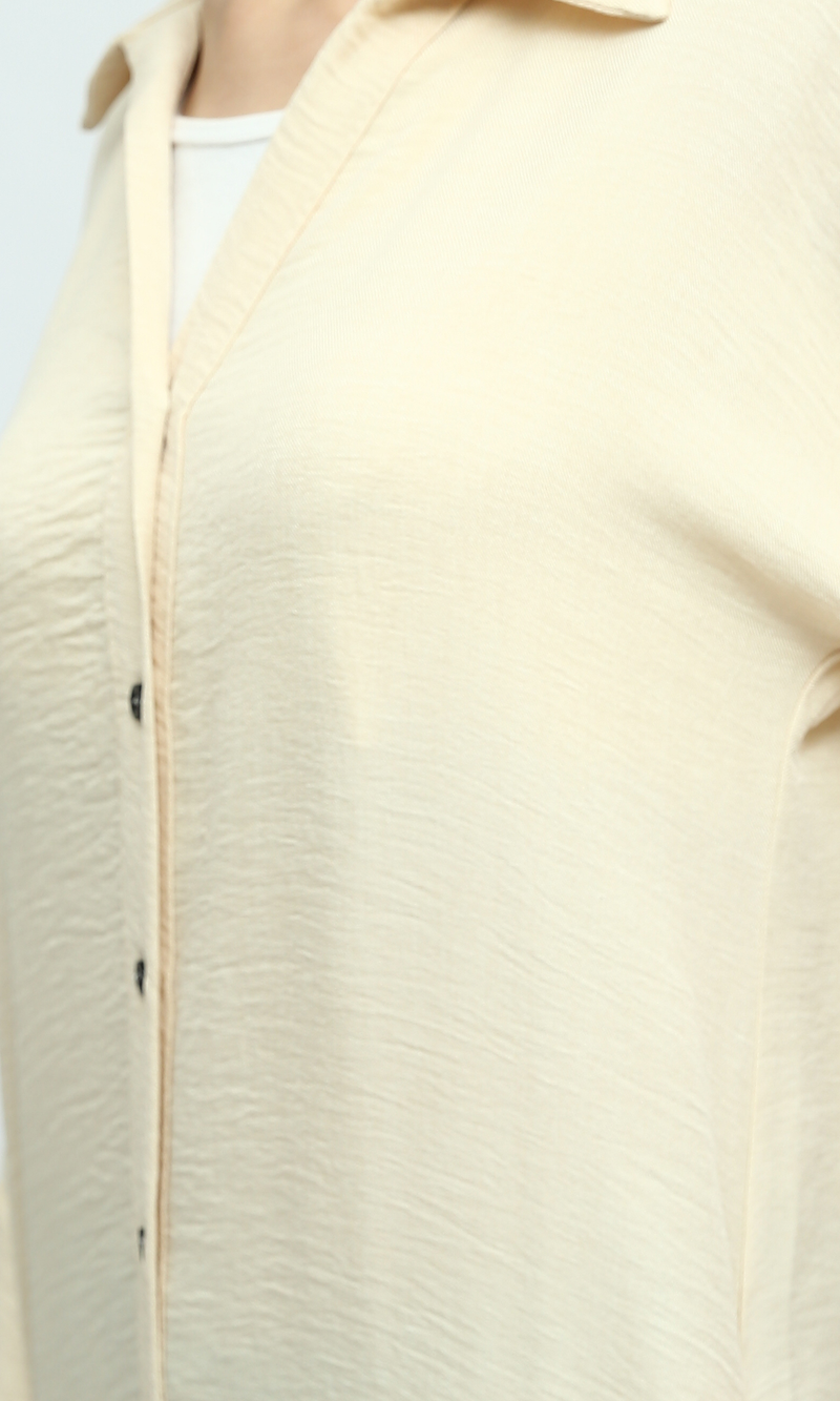 O193264 Long Sleeves Buttoned Biege Shirt Dress With Side Slit