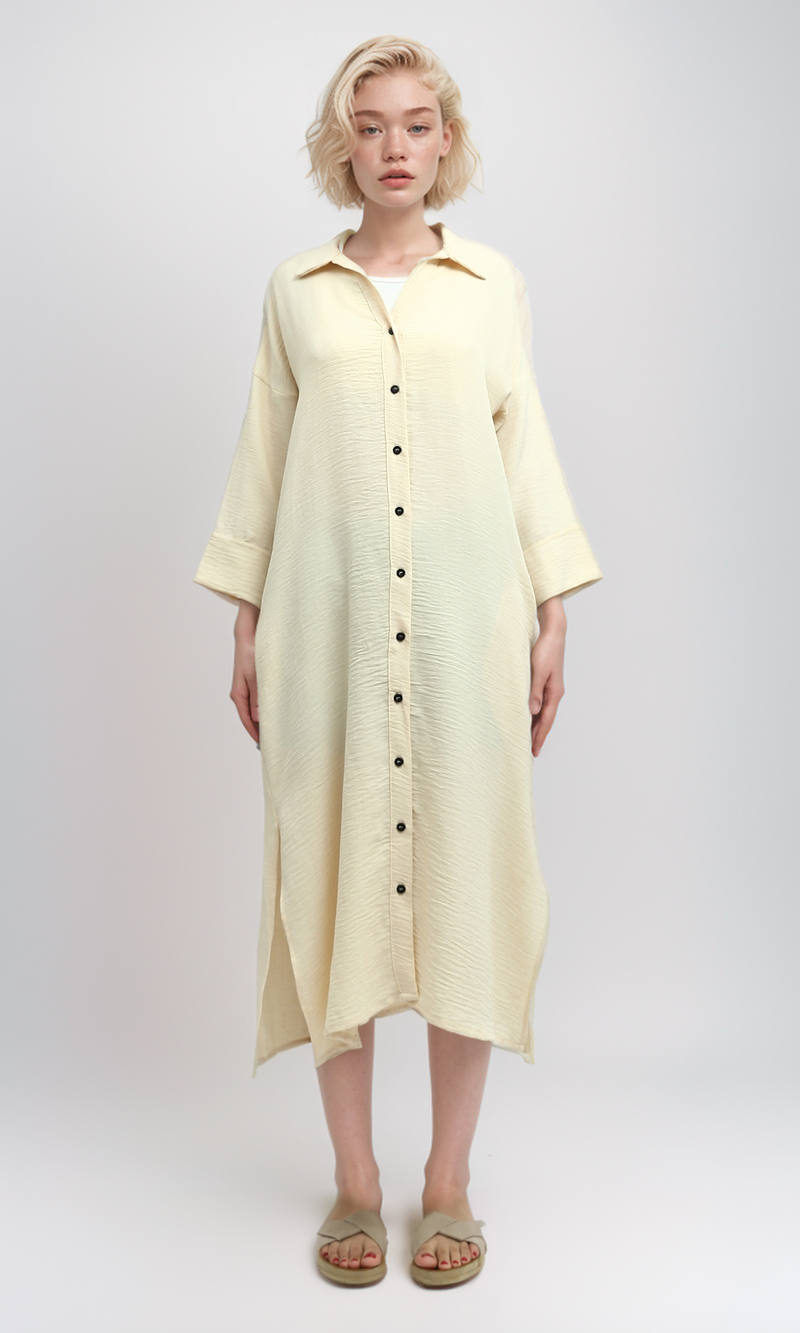 O193264 Long Sleeves Buttoned Biege Shirt Dress With Side Slit