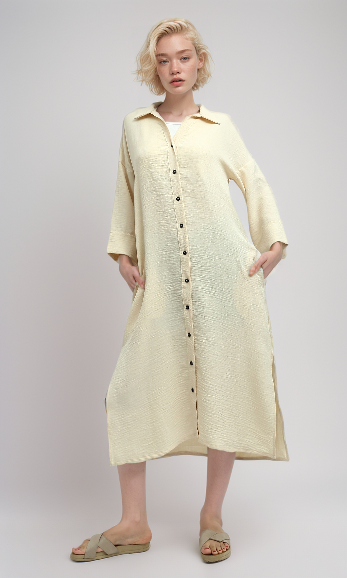 O193264 Long Sleeves Buttoned Biege Shirt Dress With Side Slit