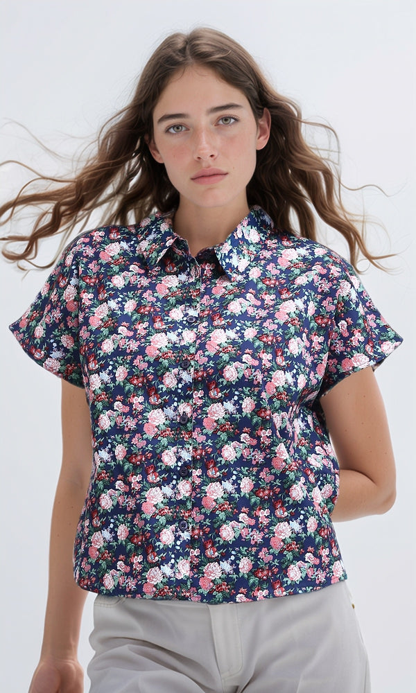 O193265 - Front Full Buttons Navy Floral Short Sleeves