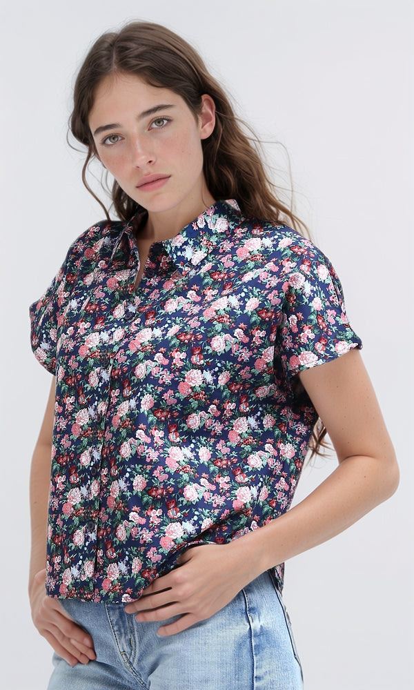 O193265 - Front Full Buttons Navy Floral Short Sleeves