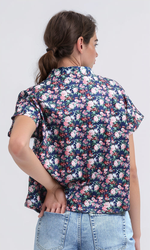 O193265 - Front Full Buttons Navy Floral Short Sleeves