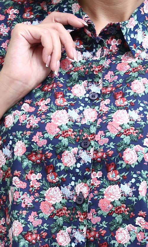 O193265 - Front Full Buttons Navy Floral Short Sleeves