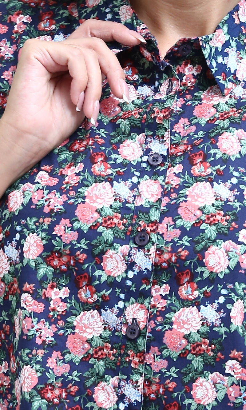 O193265 - Front Full Buttons Navy Floral Short Sleeves